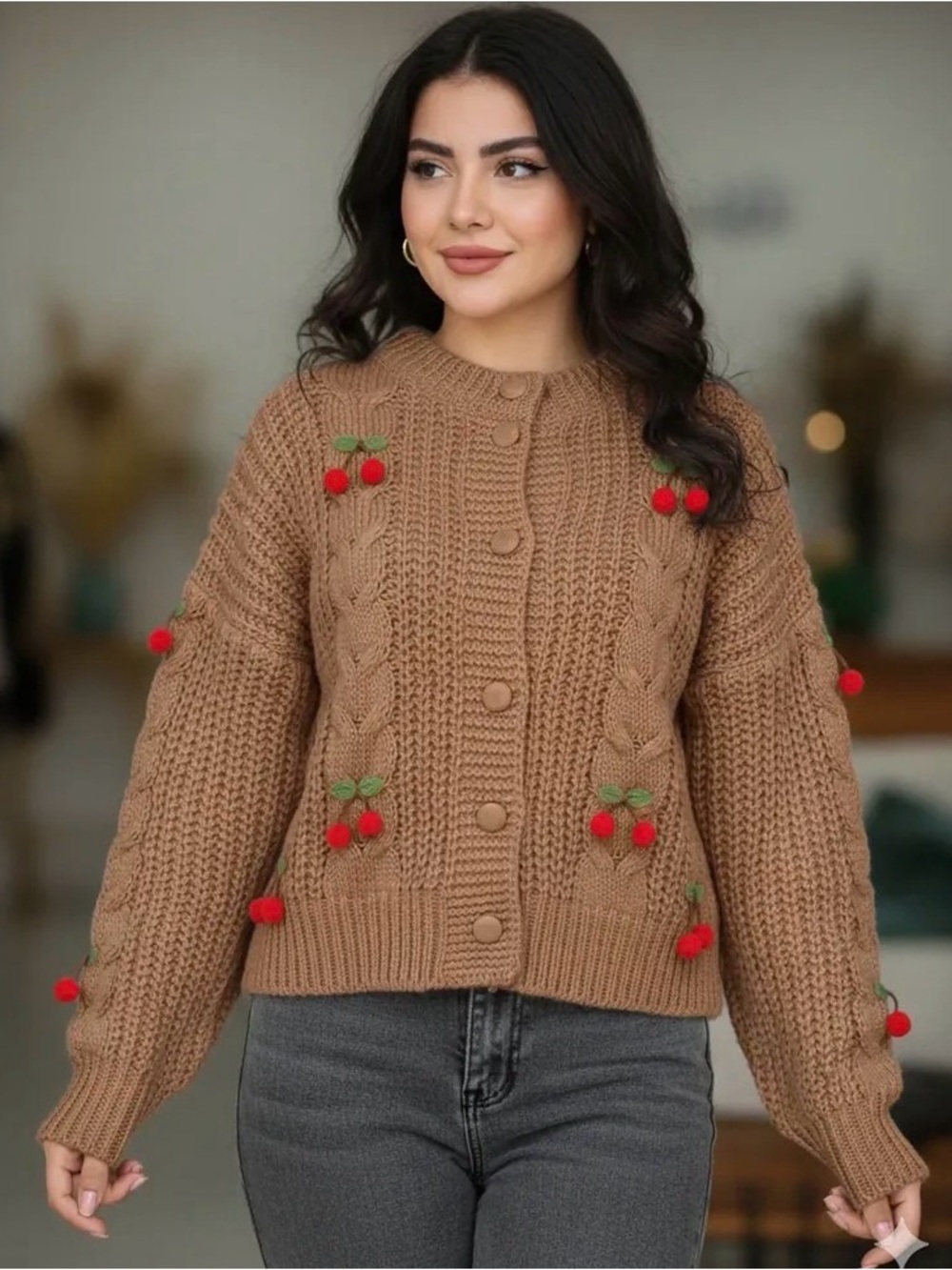 Brown Cable-Knit Cardigan with Red Cherry Appliqués